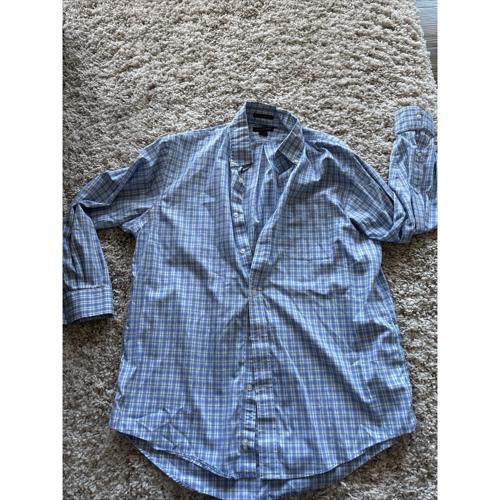 Mens Lands End No Iron Pinpoint Oxford Blue Plaid Button Up Long‎ Sleeve Size 32